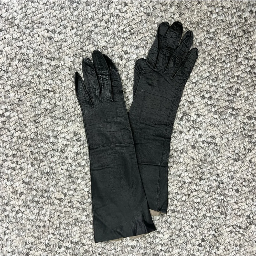 Vintage Made in France kid leather long black 13 inch gloves 6